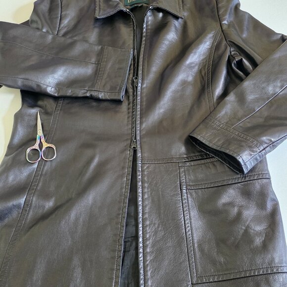 Danier Jacket Womens XL Brown Leather Pockets Zip Lined LS Classic Collar Mature - Picture 14 of 16